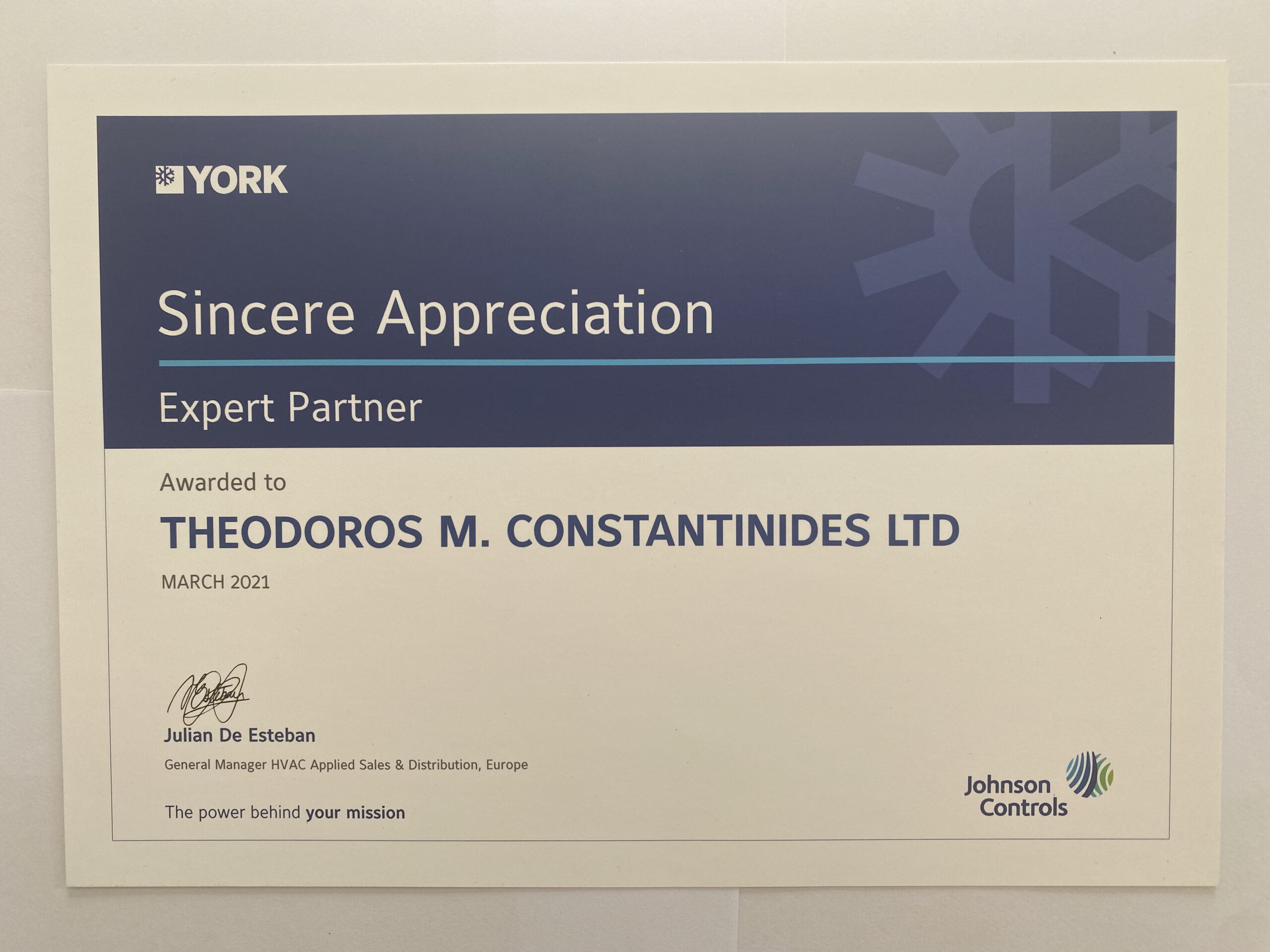 YORK OFFICIAL DISTRIBUTOR CERTIFICATE